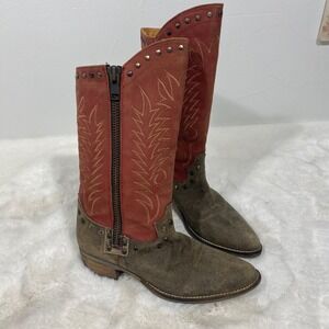 Womens Cowboy Western Boots Red Suede Embroidered Studded Side‎ Zip Size 8.5 EE